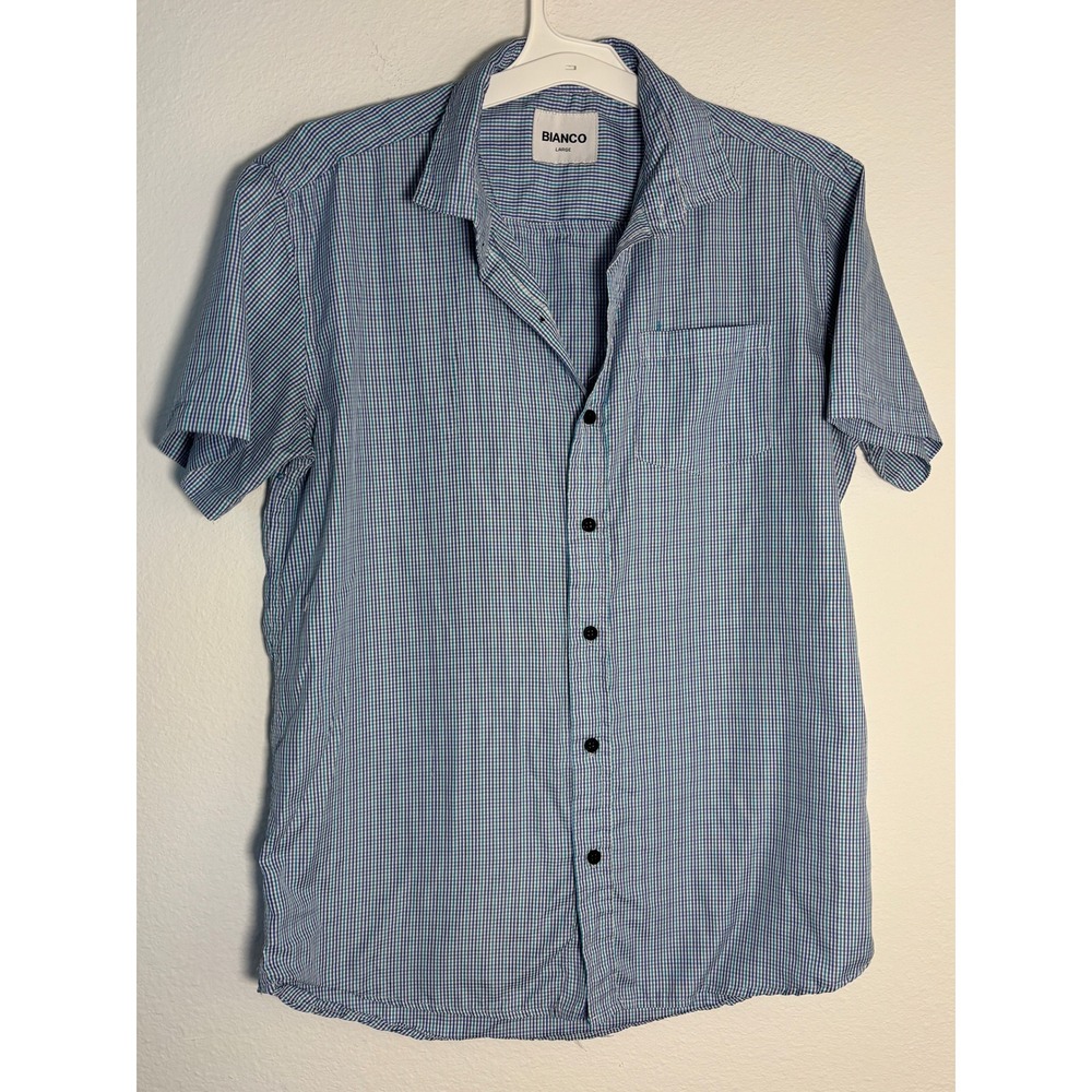 Bianco Mens Large Blue Gingham Check Short Sleeve Button Down Shirt Pocket